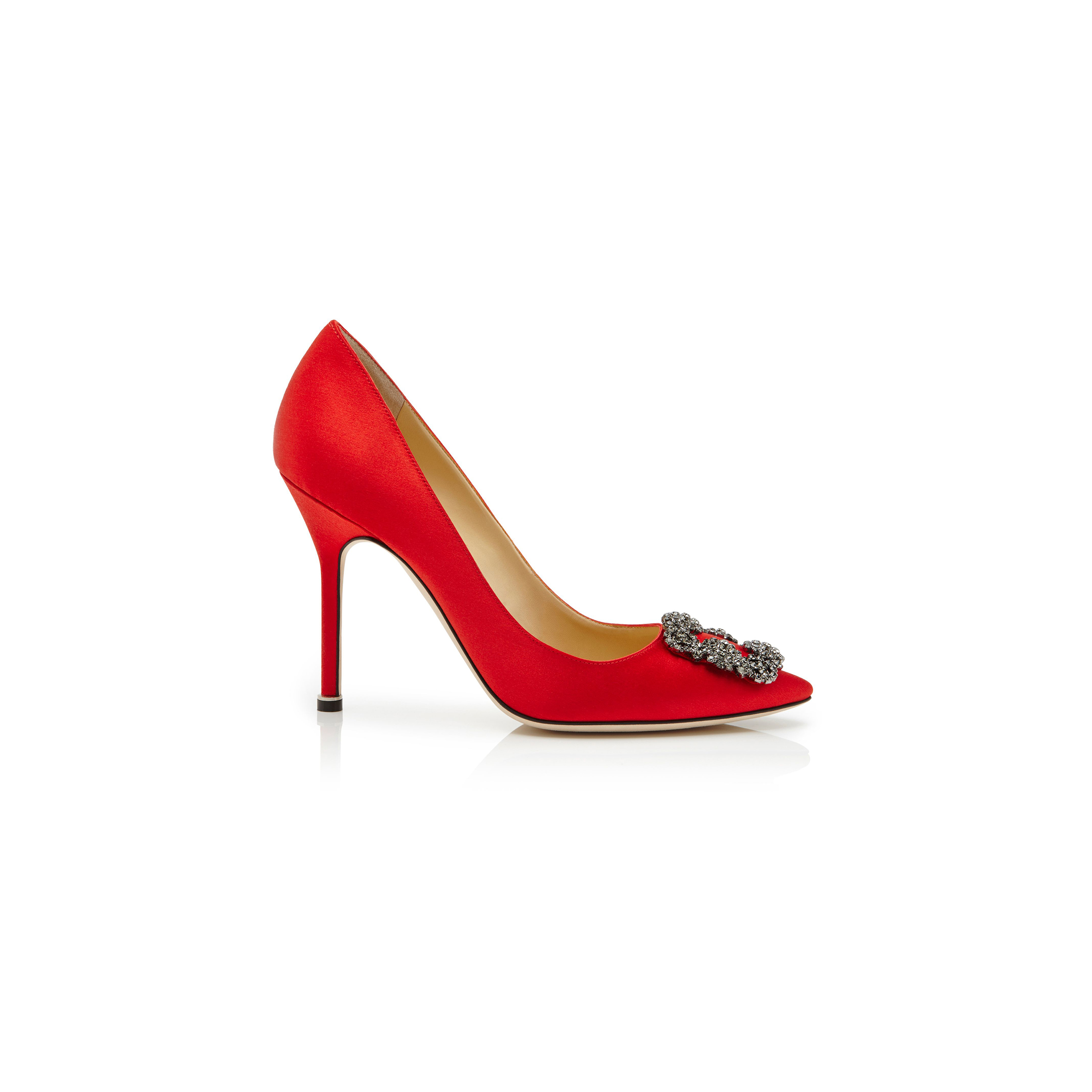 MANOLO BLAHNIK HANGISI RED SATIN JEWEL BUCKLE PUMPS 9XX-0664-0032